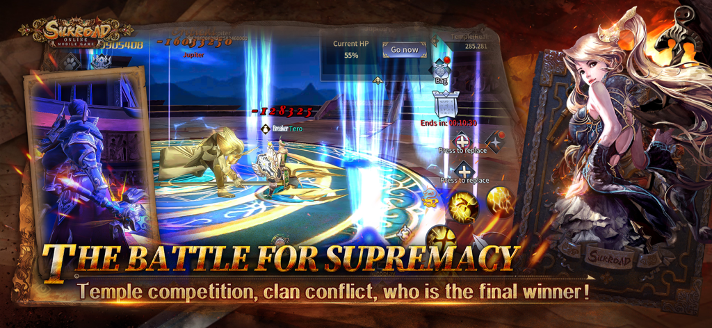 Escena de batalla llena de acción en Silkroad Online Mobile mostrando la competencia en el templo y la jugabilidad del conflicto de clanes