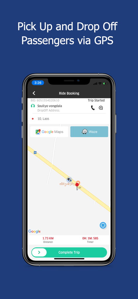 Loca Driver app interface showing passenger ride booking with GPS navigation and map