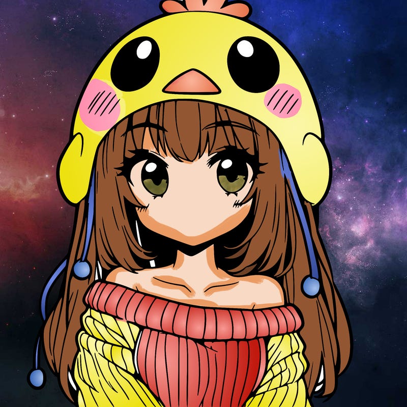 anime girl with chick shaped hat with sweater with bare shoulders with bangs covering them one eye with low tail