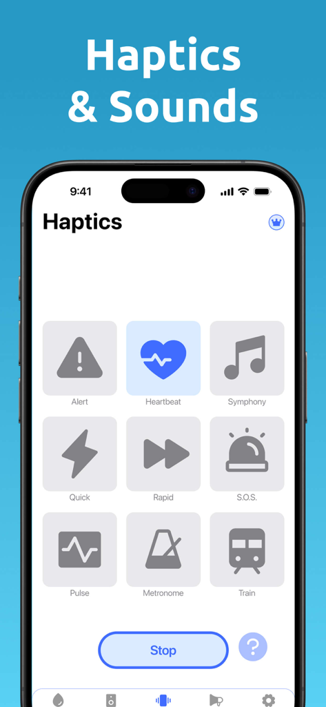 Clear Wave ‒ Water Eject - Interface of the Clear Wave app showing a grid of different haptic vibration patterns like Heartbeat and SOS for device testing