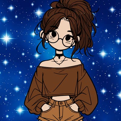 girl with a messy ponytail glasses a baggy crop top and jean shorts