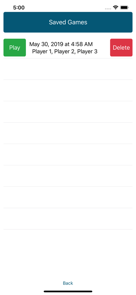 A list of saved card game sessions showing dates and players in the Hand and Foot Calculator app