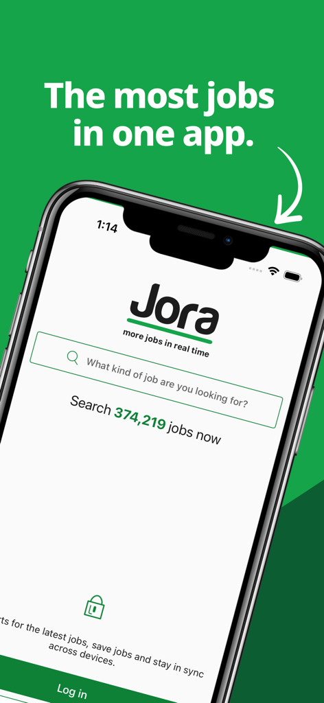 Tela inicial do aplicativo Jora Jobs mostrando a barra de pesquisa e o número total de vagas