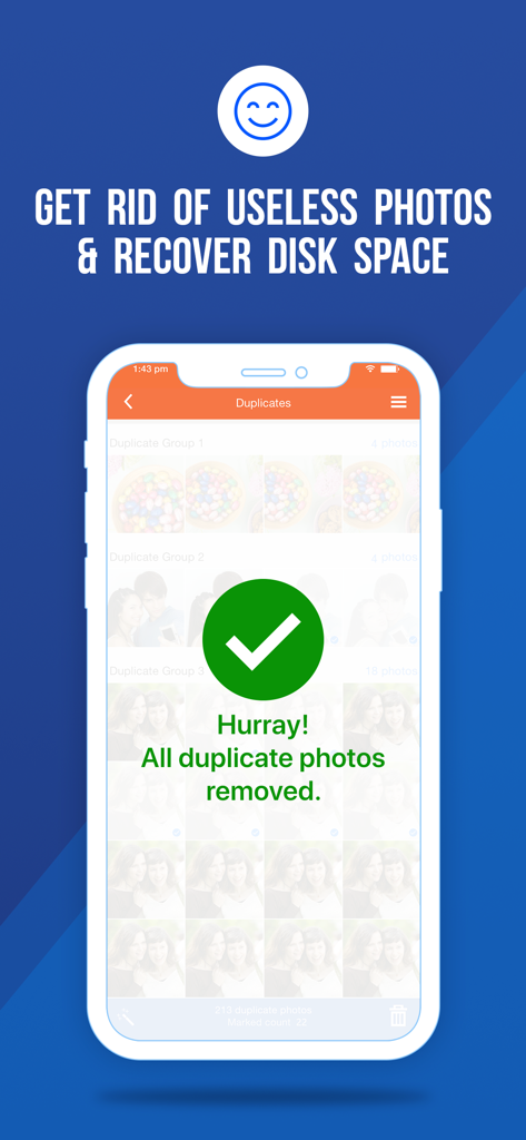 Duplicate Photos Fixer - Smartphone screen showing a success message after deleting duplicate photos to recover disk space.