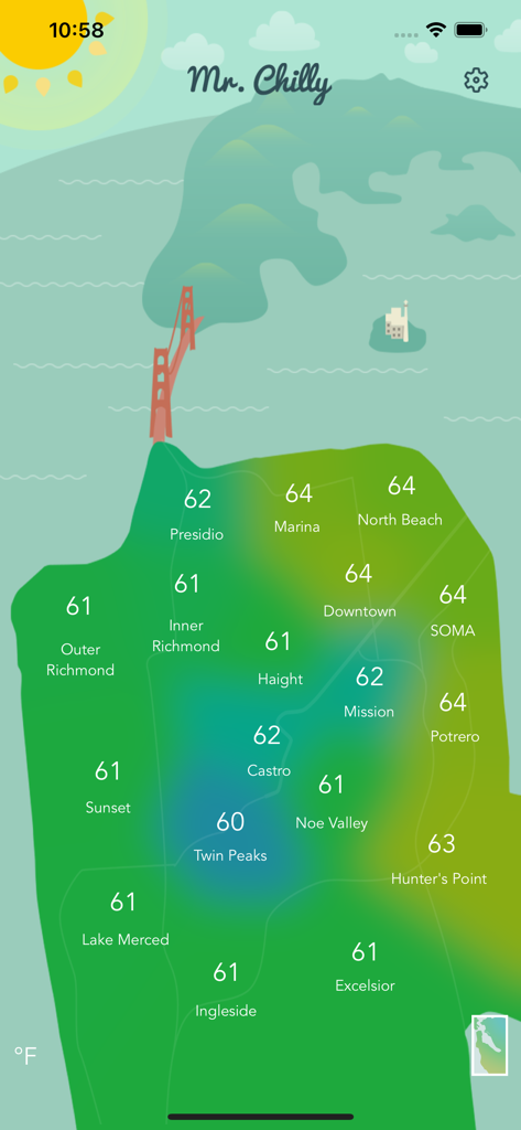 Mr. Chilly app displaying a temperature heatmap of San Francisco neighborhoods