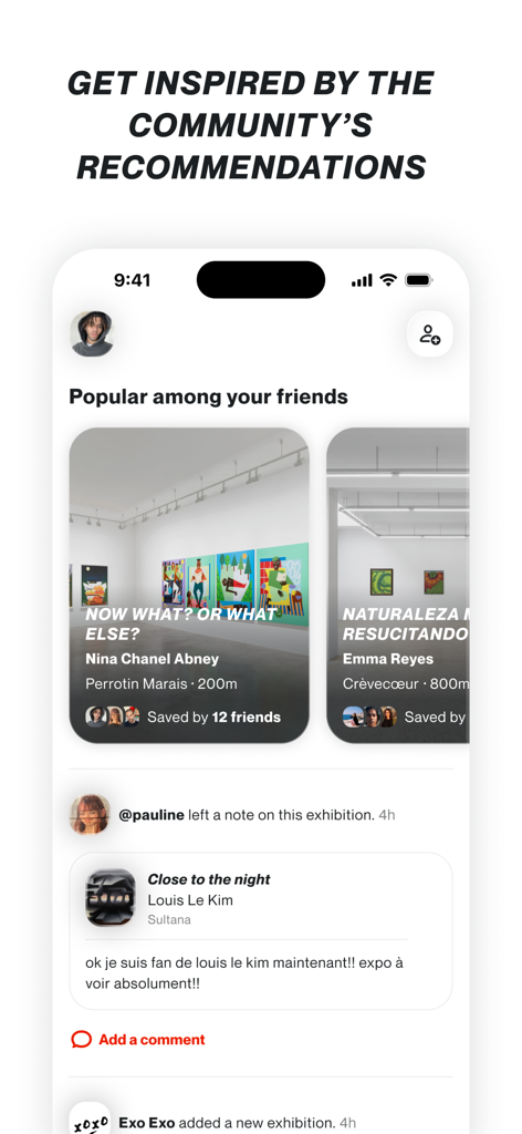 CUR8 — Art shows around you - A mobile screen from the CUR8 app displaying community art show recommendations and a social activity feed with user comments