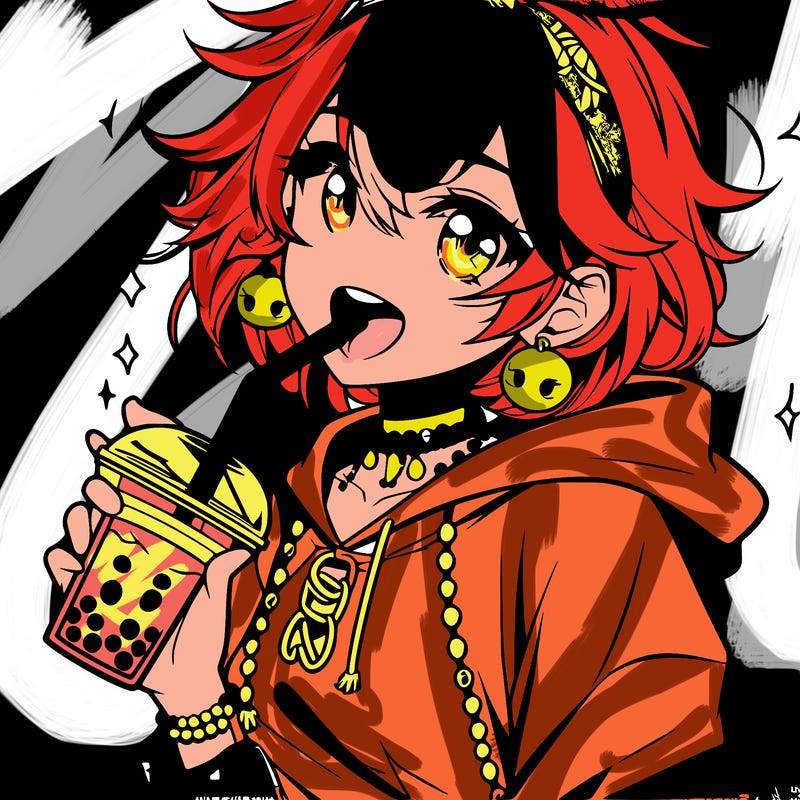 hot baddie anime girl drinking boba and biting the straw
