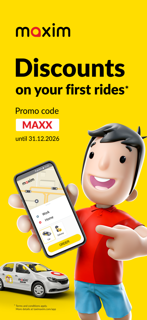 Banner promocional de la app Maxim que ofrece descuentos en el primer viaje con el código promocional MAXX