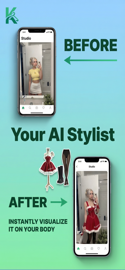 A before and after comparison of the AI virtual try-on feature showing a girl changing her outfit to a red dress using the Kombinlio app.