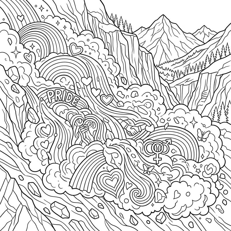Immerse yourself in this uniquely themed adult coloring page, combining the power of an avalanche with vibrant Pride Month symbols. Discover intricate details and artistic depth designed for a mindful coloring experience.