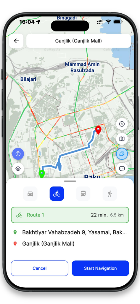 AzNav: Your Personal Navigator - Interface de l'application mobile AzNav montrant un itinéraire cyclable planifié à Bakou avec l'heure et la distance du trajet