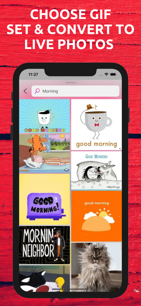 Gif Converter : Live Wallpaper - Smartphone screen showing a grid of morning themed GIFs ready to be converted into live photos