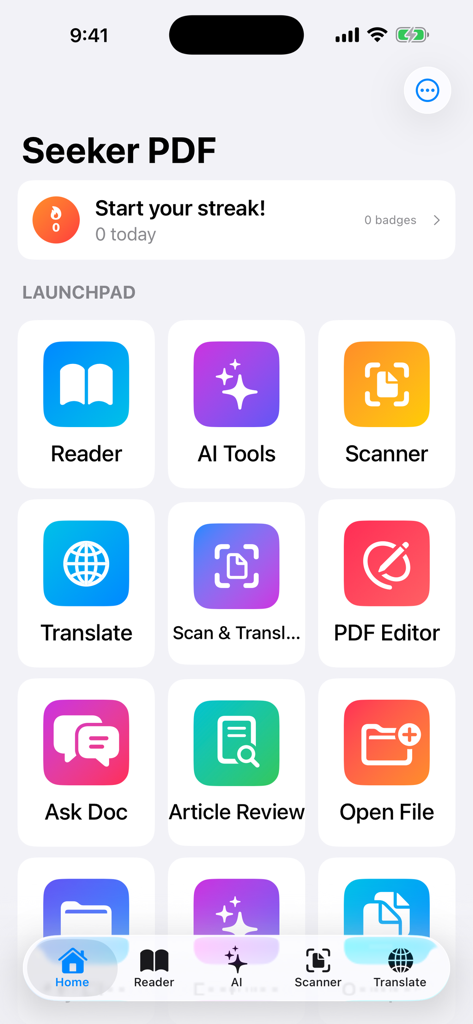 SeekerPDF - Seeker PDFアプリのダッシュボード画面。AIリーダー、スキャナー、PDFエディターなどのさまざまなツールが表示されています。