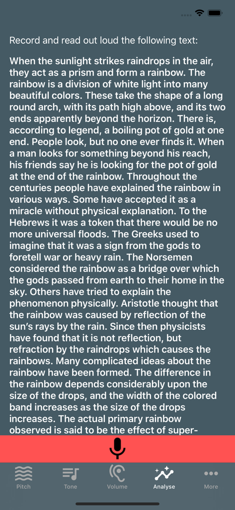Voice Tools - Voice Tools app interface displaying the Rainbow Passage text for voice recording and analysis practice.