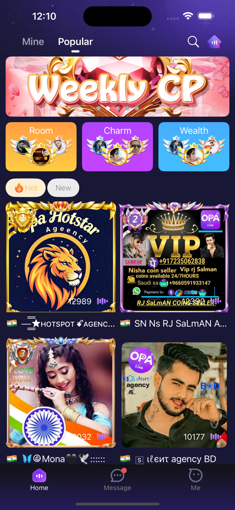 4Party- voice group chat rooms - Popular voice chat rooms and weekly rankings interface in the 4Party app.