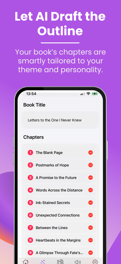 BookAI – Your Book Creator - BookAI app interface displaying a list of AI-generated book chapters for a draft outline.