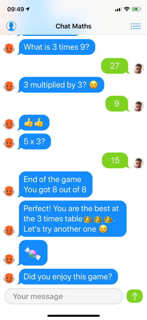 Math Chat - my robot teacher - Math Chat app showing an interactive conversation with a robot teacher for multiplication practice