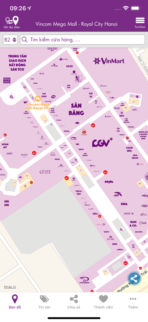 InMapz indoor navigation maps - InMapz app screen displaying a detailed indoor navigation map for a large shopping mall with store layouts and facility locations