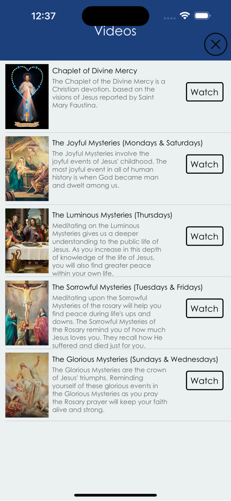 My Chaplet of Divine Mercy - Pantalla de selección que muestra videos del Rosario de la Divina Misericordia y los Misterios del Santo Rosario.