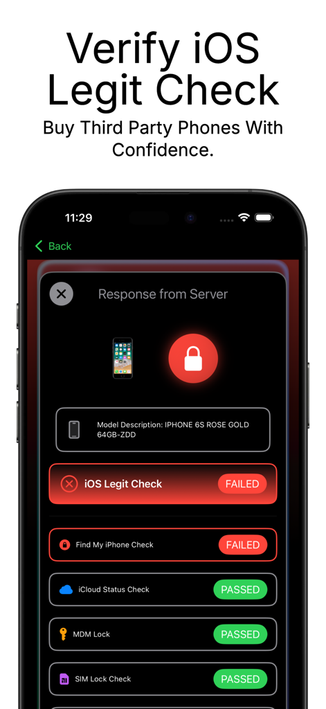 Pantalla de la aplicación móvil que muestra verificaciones fallidas de legitimidad de iOS y 'Buscar mi iPhone' para un dispositivo usado.