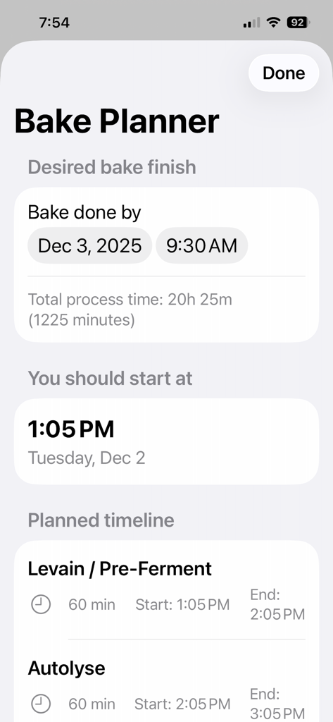 Dough Timer - Dough Timer app interface showing the Bake Planner screen with a calculated start time and detailed process timeline for sourdough baking