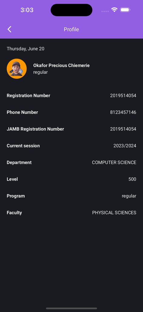 UNIZIK Portal - UNIZIK Portal app student profile screen displaying registration number and academic details