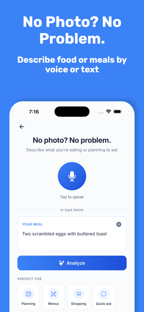 Glycemic Index Scanner - Interface of Glycemic Index Scanner app showing the option to describe meals by voice or text for nutritional analysis