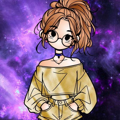 girl with a messy ponytail glasses a baggy crop top and jean shorts