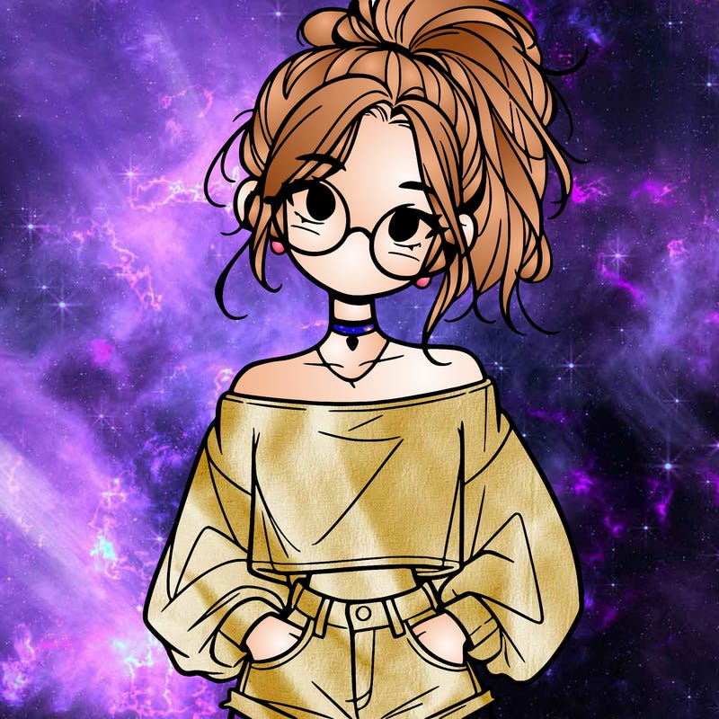 girl with a messy ponytail glasses a baggy crop top and jean shorts