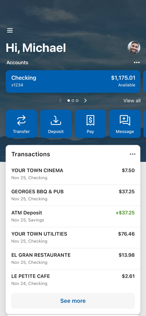 A tela inicial do aplicativo First Security Bank Bozeman exibindo o saldo de uma conta corrente e uma lista de transações recentes.