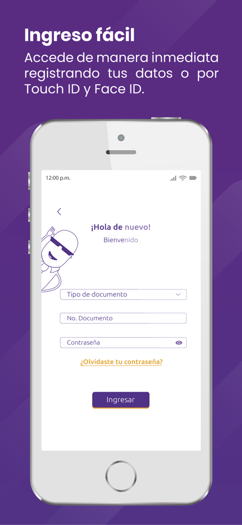 Peoplepass mobile app login interface on a smartphone displaying secure biometric and document access options.