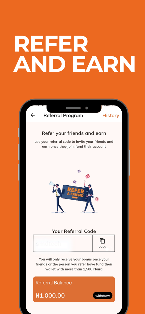 MinatPay: Cheap Data & Airtime - Pantalla de la app MinatPay que muestra el programa de referidos y gana con un código de referencia y saldo de recompensa en Naira