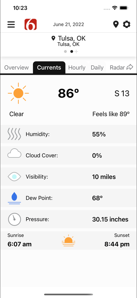 News on 6 Weather - Current weather conditions for Tulsa Oklahoma on the News on 6 Weather app showing 86 degrees and clear skies