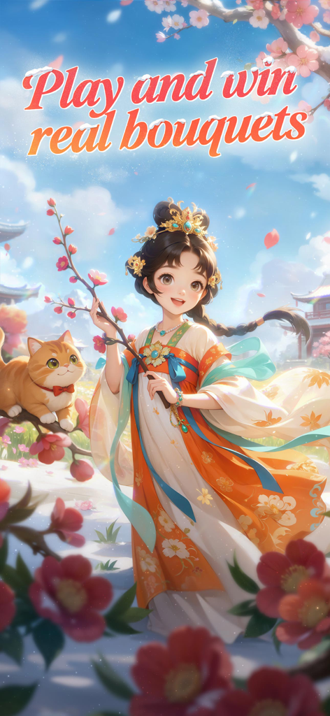 My Garden Tale - Uma garota ilustrada em um vestido tradicional colorido segurando flores ao lado de um gato laranja em um cenário de jardim ensolarado.