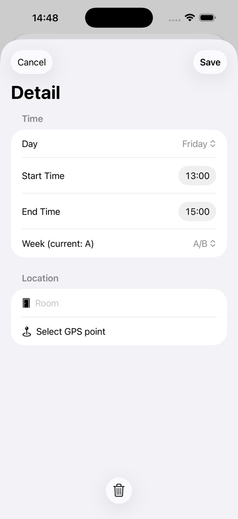 Timetable – Schedule & Tasks - Una pantalla de detalles minimalista en la aplicación Horario para editar información del curso como día, hora y lugar