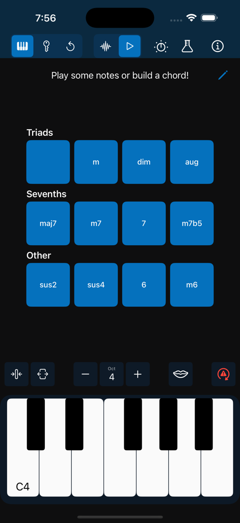 Chordi app interface showing buttons for triads and seventh chords above a digital piano keyboard