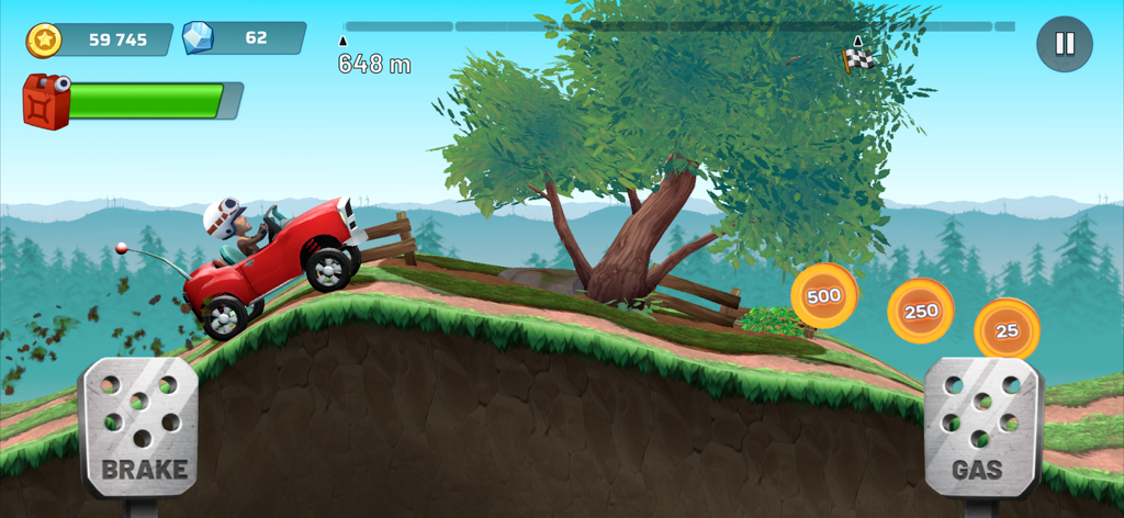 Mountain Climb Jump - A red car driving uphill on a grassy mountain track in the Mountain Climb Jump game