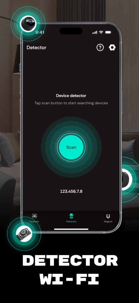 Camera Detector Device Tracker - デバイス検出スキャンボタンとプライバシー保護のための隠しカメラアイコンを表示するスマートフォンアプリのインターフェース。