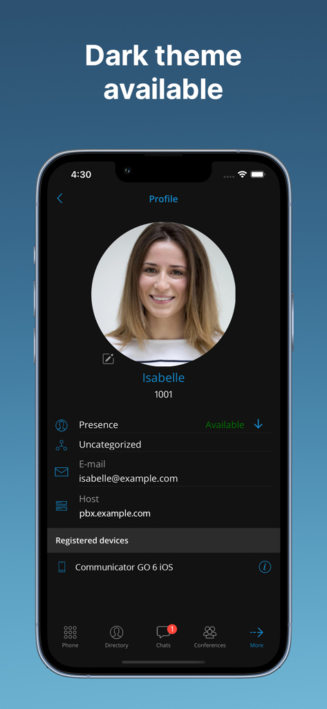 Communicator GO 7 mobile App-Oberfläche, die den Profilbildschirm im dunklen Modus mit Kontaktinformationen und Navigationsleiste unten zeigt.