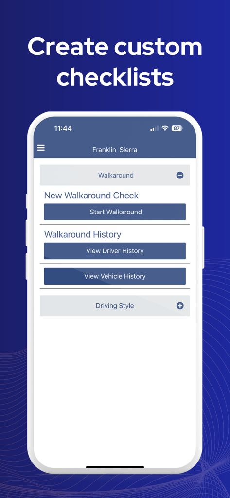 Transpoco Driver App-Bildschirm zum Starten von Fahrzeugbegehungen und Anzeigen des Inspektionsverlaufs.