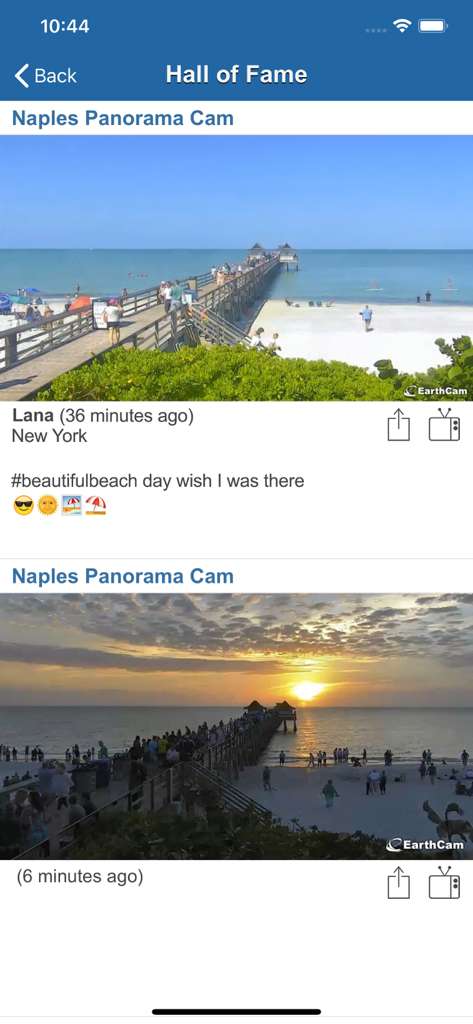 Webcams – EarthCam - EarthCam app Hall of Fame screen showing live webcam views of Naples beach and sunset over a pier.