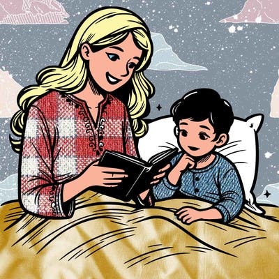 realistic mother reading a bedtime story to her child