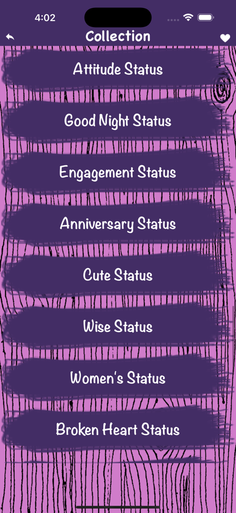 Funny Status Quotes Collection - Mobile app interface displaying categories for status quotes such as Attitude, Good Night, and Anniversary Status on a purple wood pattern background.