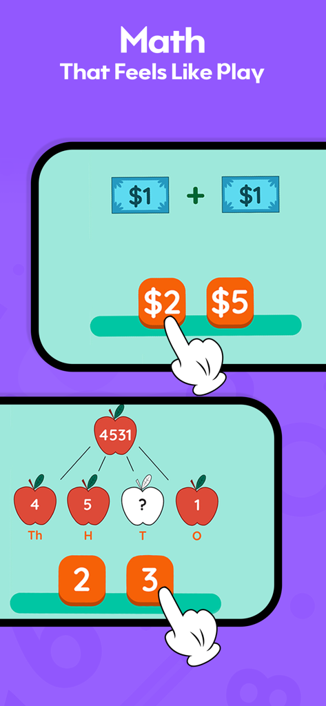 SKIDOS Learning Games for Kids - Juegos educativos de matemáticas para niños que muestran ejercicios de suma y valor posicional