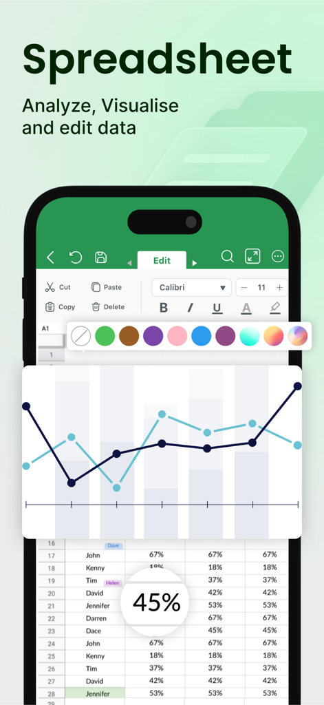 Interface móvel do aplicativo Word Editor mostrando ferramentas de edição de planilhas e gráficos de visualização de dados