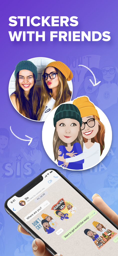 Mirror: Emoji & Avatar Maker - Individuelle Avatar-Sticker, erstellt aus einem Foto von zwei Freunden für die mobile Nachrichtenübermittlung
