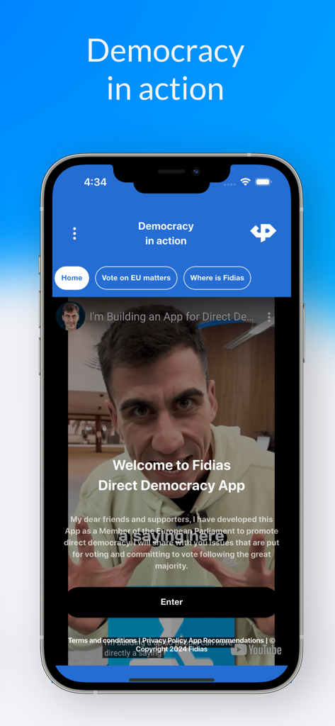 Fidias App - Fidias 앱의 홈 화면에는 유튜버 Fidias Panayiotou와 직접 민주주의 환영 메시지가 표시됩니다.