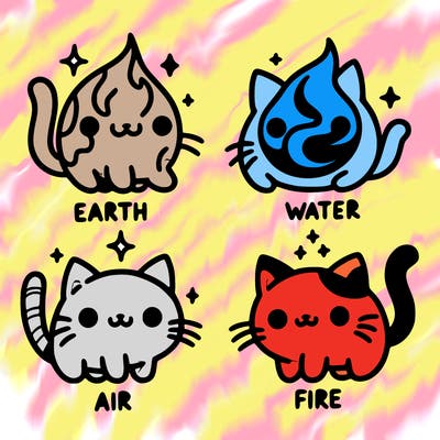 4 cats that represent the different elements, earth, water, air, and fire