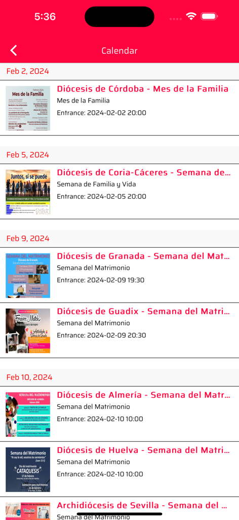 Calendar view of the MatrimONio app listing Catholic family and marriage events by date