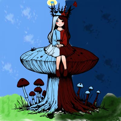 realistic girl sitting on a huge tree stump size toadstool with thorn crown